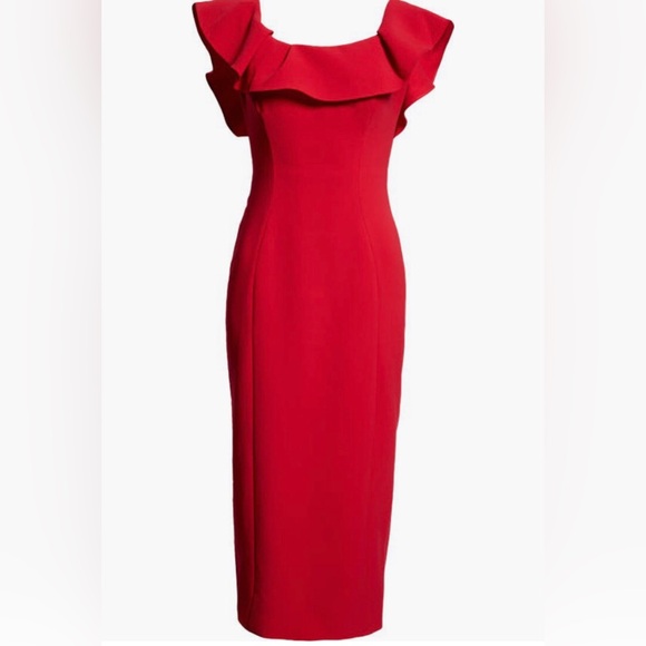 NWT $1990 Carolina Herrera Ruffle Neck Sleeveless Crepe Pencil Dress, CRIMSON! - Picture 5 of 6
